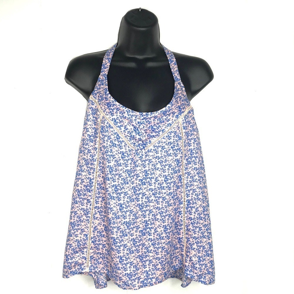Womens Ditsy Floral Halter Top Blue Pink Lace Trim XL Cottage Boho Fairy Dainty